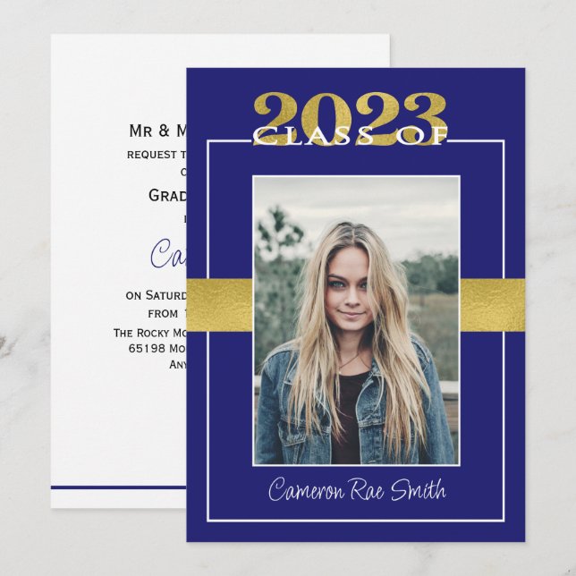 Invitación Clase de la fiesta de graduación Blue & Gold 2023 (Anverso / Reverso)