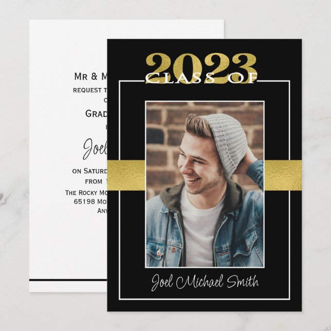 Invitación Clase de la fiesta de graduación de Black & Gold d (Anverso / Reverso)