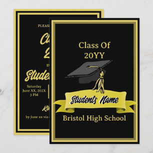 Invitación Clase de la fiesta de graduación en negro y oro de