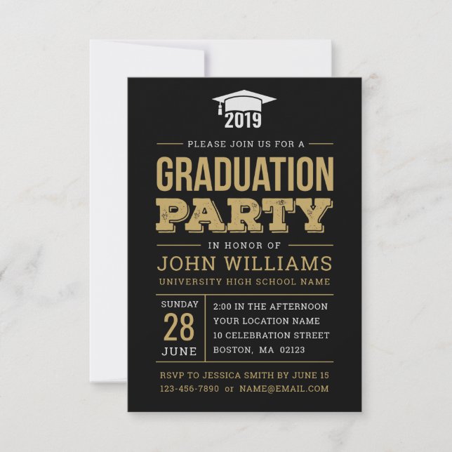Invitación Clase de la fiesta de graduación Rustic Black Gold (Anverso)