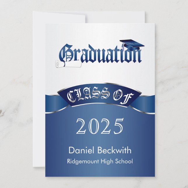 Invitación Clase de Mortero azul plateado y diploma Graduació (Anverso)