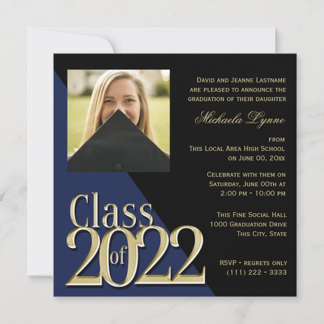 Invitación Clase de Oro Grad 2022 y Azul con foto (Anverso)