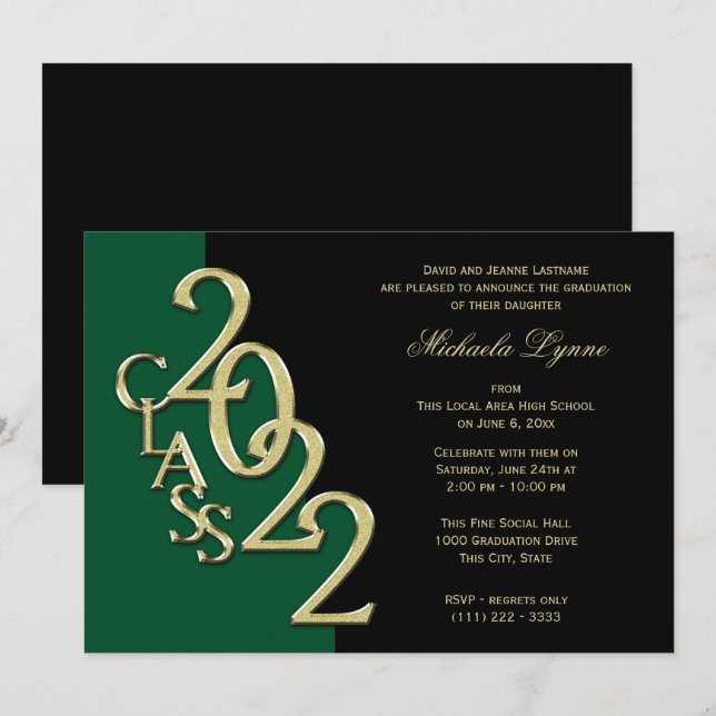 Invitación Clase de Oro Grad 2022 y Verde (Anverso / Reverso)