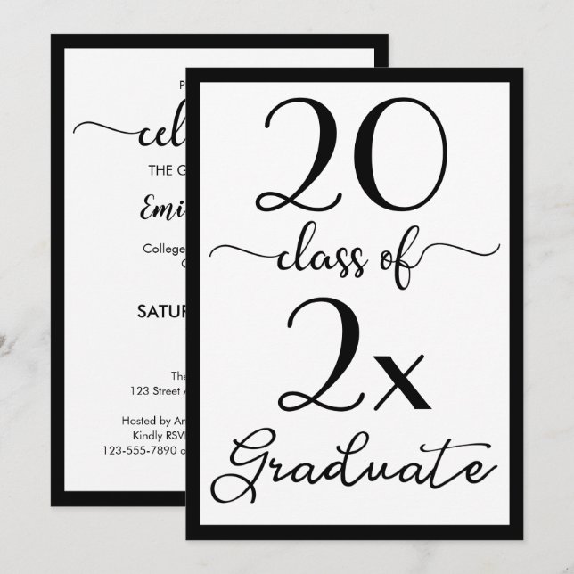 Invitación Clase De Partido De Graduación De Guión Blanco Neg (Anverso / Reverso)