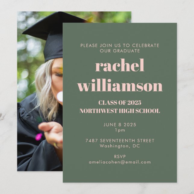 Invitación Clase de partido de graduación fotográfica de verd (Anverso / Reverso)