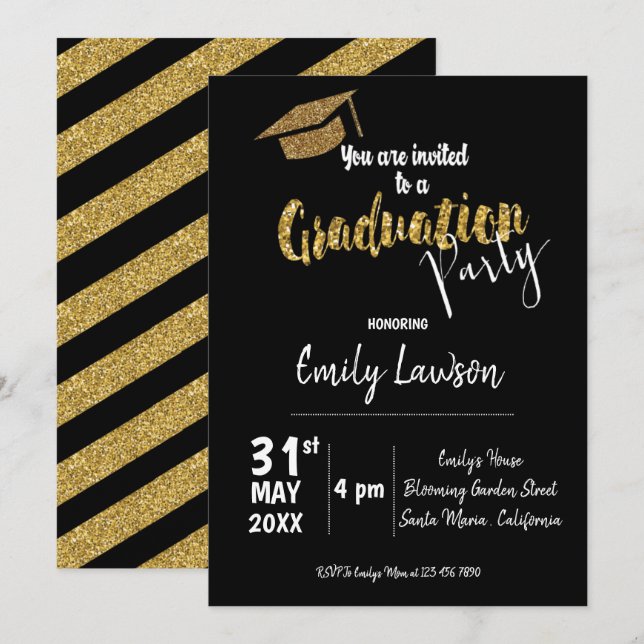 Invitación Clase De Purpurina Faux Gold De La Parte De Gradua (Anverso / Reverso)