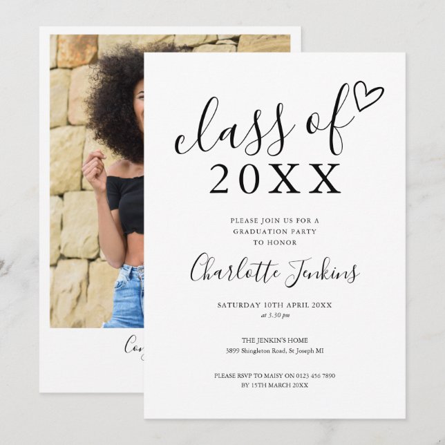 Invitación Clase de Script Heart Photo Graduation Party (Anverso / Reverso)