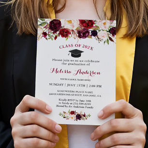 Invitación Clase del Partido Borgoña de Graduación Floral Roj