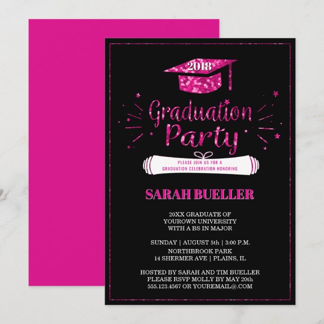 Invitación Clase del Partido de Graduación Rosa de Grad Cap 2 (Anverso / Reverso)