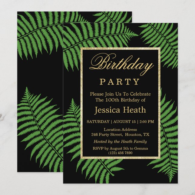 Invitación Clase elegante Cumpleaños 100 de helecho (Anverso / Reverso)