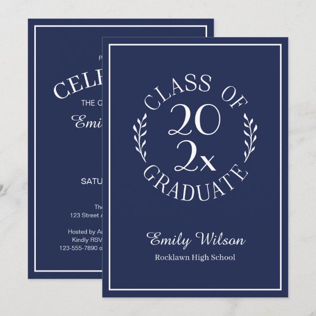 Invitación Clase Elegante de 2026 Fiesta de Graduación Azul M (Anverso / Reverso)