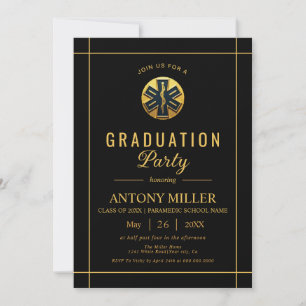 Invitación Clase EMT paramédica de oro de la graduación negra