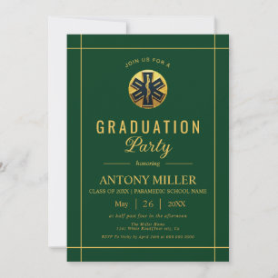 Invitación Clase EMT paramédica de oro de la graduación verde