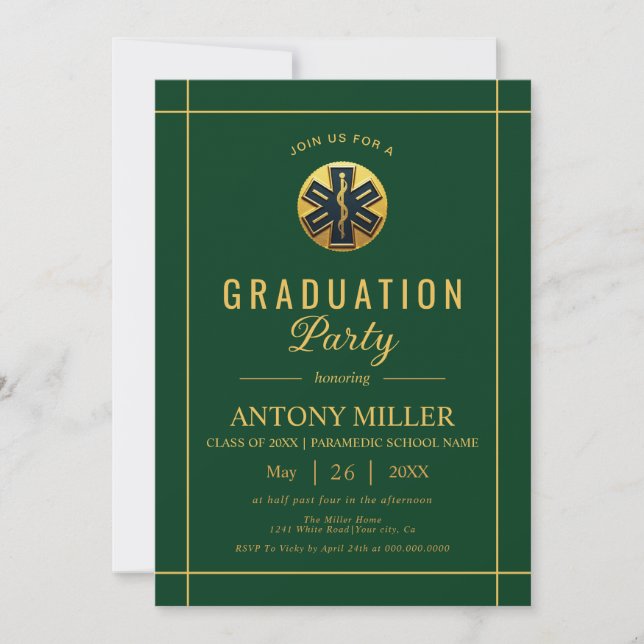 Invitación Clase EMT paramédica de oro de la graduación verde (Anverso)