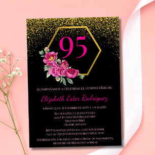 Invitación Clase Española Negro Oro y Rosa Cumpleaños 95