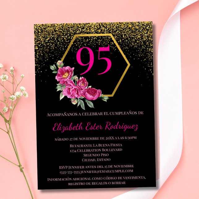 Invitación Clase Española Negro Oro y Rosa Cumpleaños 95 (Subido por el creador)