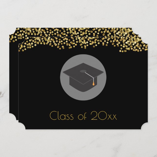 Invitación Clase Faux Gold Confetti & Graduation Cap de 20xx (Anverso / Reverso)