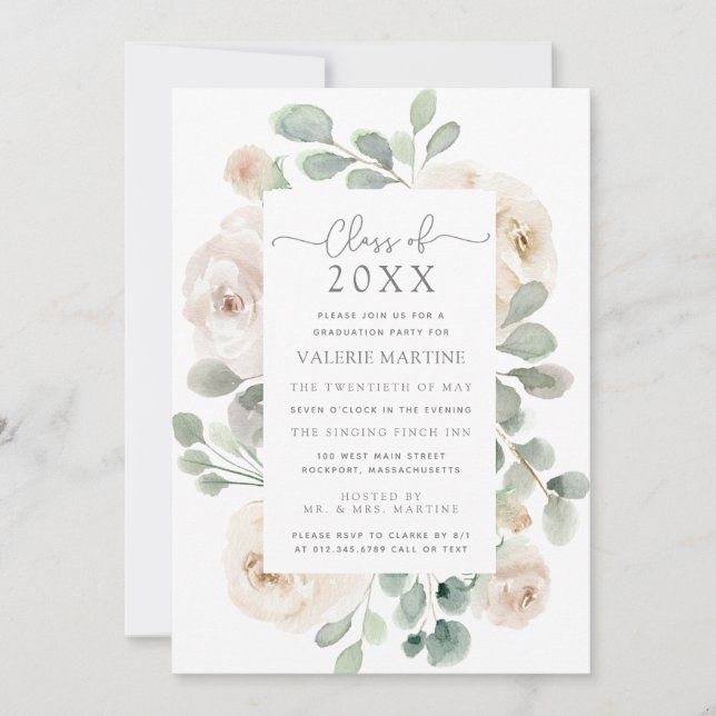 Invitación Clase Floral Blanca del Partido de Graduación 2021 (Anverso)
