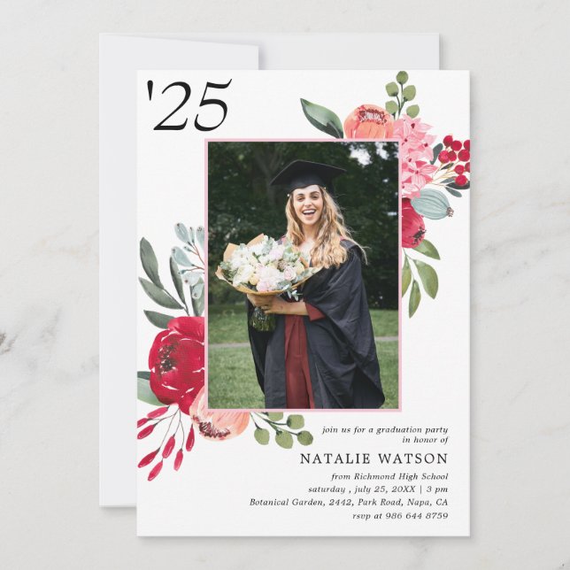 Invitación Clase floral brillante de 2025 Graduación fotográf (Anverso)