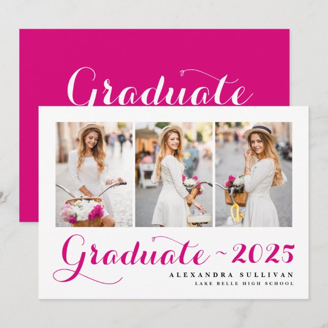 Invitación Clase Fuchsia de 2025 Graduación de Collage de fot (Anverso / Reverso)
