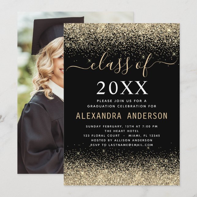 Invitación Clase Gold Black Photo Graduation Party de 2023 (Anverso / Reverso)