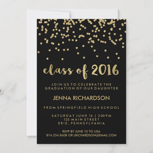 Invitación Clase Gold Confetti de 2016 Partido de Graduación  (Anverso)