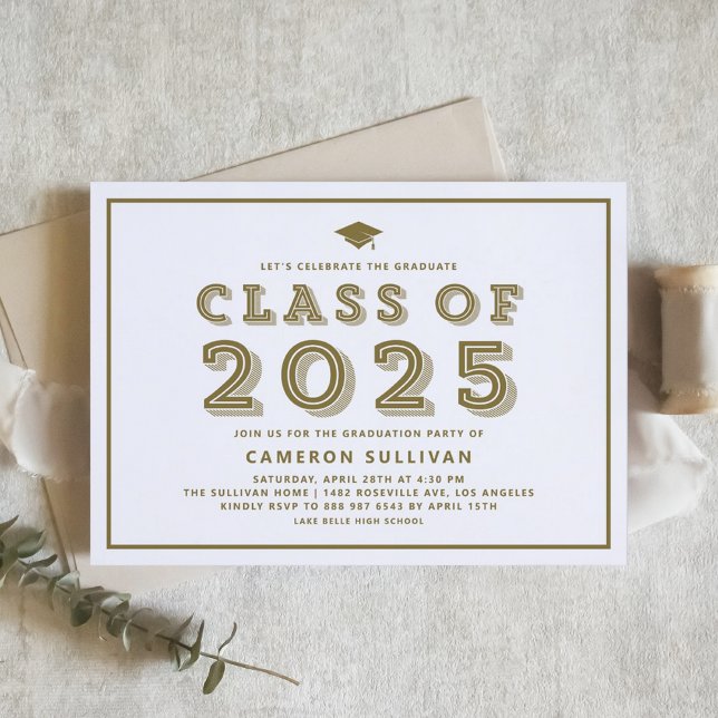 Invitación Clase Gold de Graduación de Cap Retro de 2025 (Customizable graduation invitation featuring retro typography. Available in other colors.)