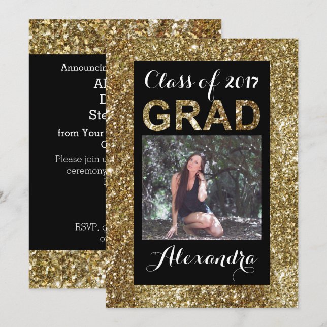 Invitación Clase Gold Purpurina-look de 2017 de graduación de (Anverso / Reverso)