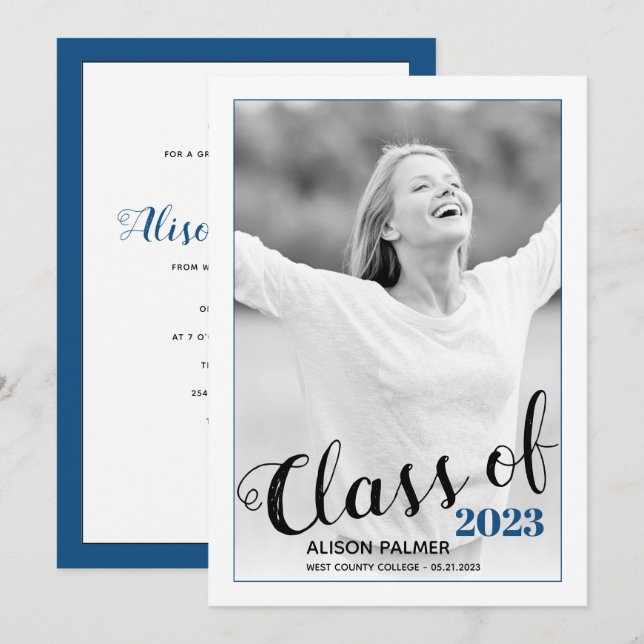 Invitación Clase moderna de 2023 guión foto clásica azul (Anverso / Reverso)