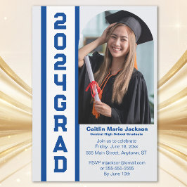 Invitación Clase moderna de 24, graduación azul y blanca