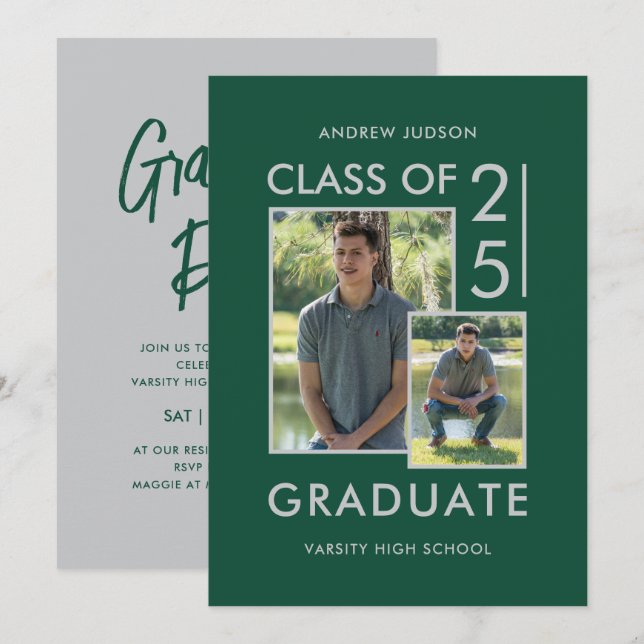Invitación Clase Moderna De 25 Green Silver 2 Photo Grad Fies (Anverso / Reverso)
