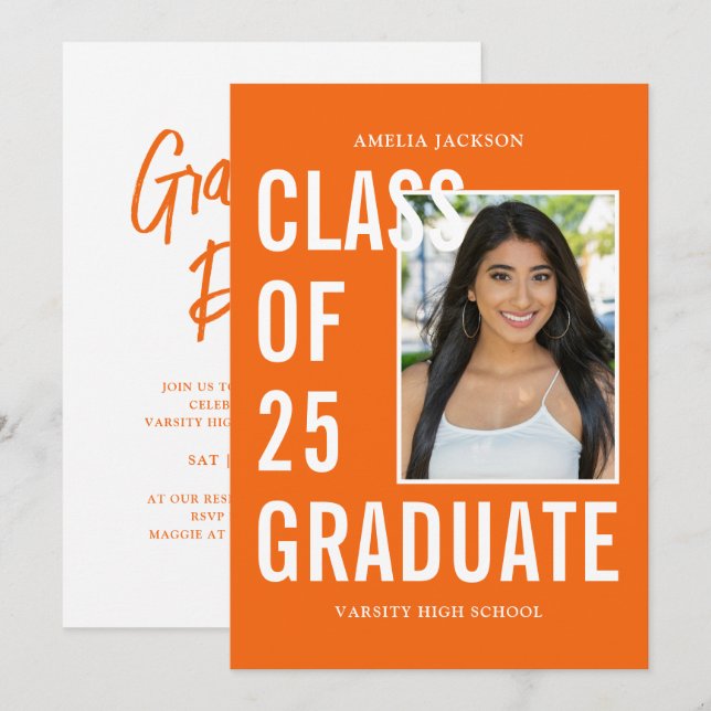 Invitación Clase Moderna De 25 Naranjas De Graduación (Anverso / Reverso)