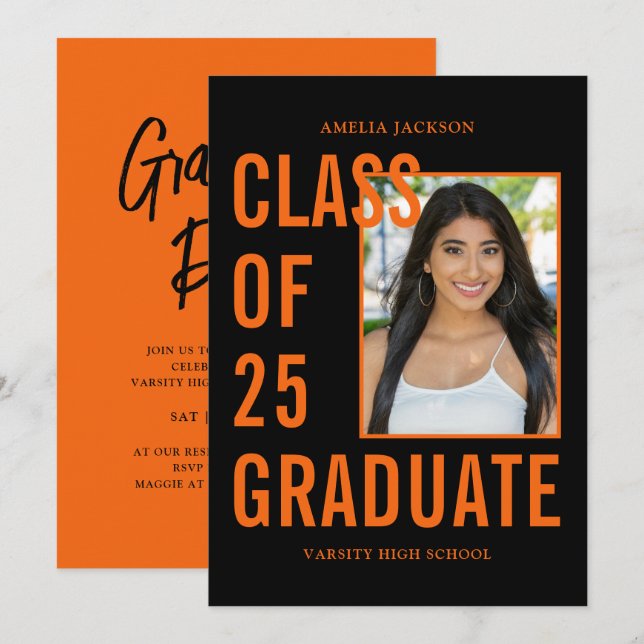 Invitación Clase Moderna De 25 Partido De Graduación Negra Y  (Anverso / Reverso)