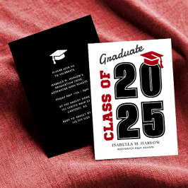 Invitación Clase moderna de graduación en rojo y negro en 202