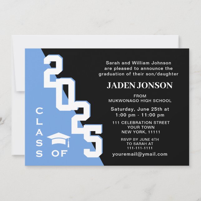 Invitación Clase moderna del Partido de Graduación Azul Negro (Anverso)