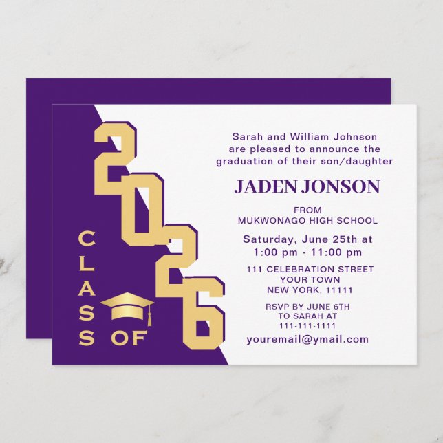Invitación Clase moderna del Partido de Graduación Oro Púrpur (Anverso / Reverso)