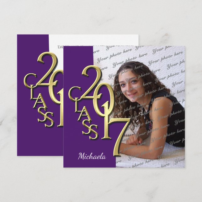 Invitación Clase morada y dorada de 2017 Graduación fotográfi (Anverso / Reverso)