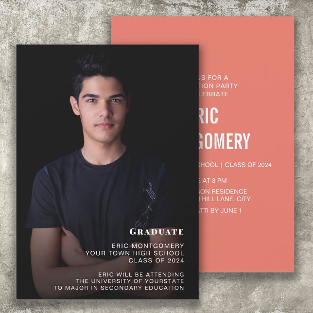 Invitación Clase naranja de la foto del partido de graduación (Orange and white graduation photo announcement/invitation for the class of 2024 or any year.)