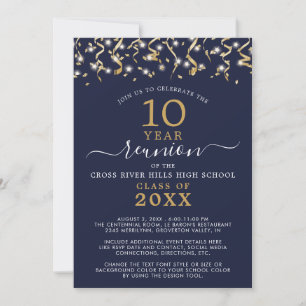 Invitación Clase Naval de Reunión Azul Oro Confetti Streamers