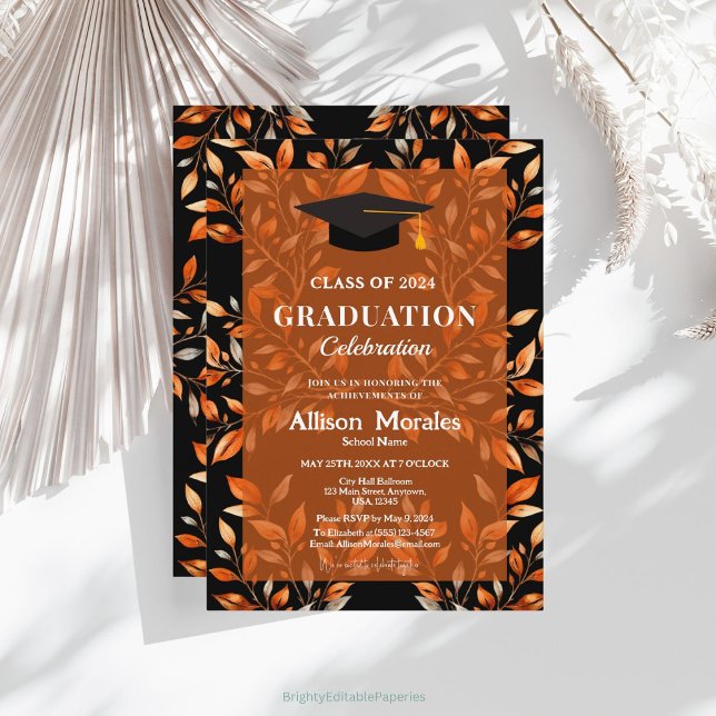 Invitación Clase negra de hojas de terracota de graduación de (Subido por el creador)