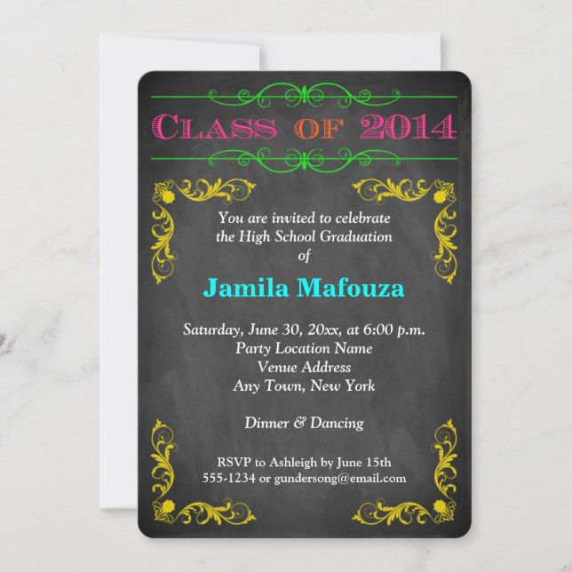 Invitación Clase Neon Chalkboard de Graduación FOTOGRÁFICA 20 (Anverso)