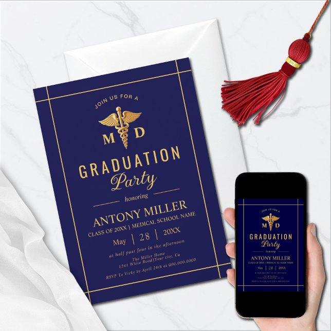 Invitación Clase Oro caduceus de la graduación azul marino 20 (Subido por el creador)