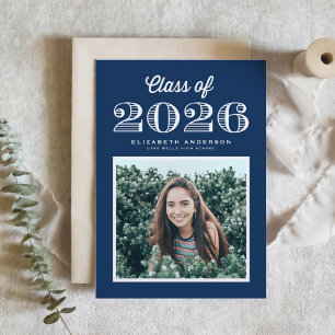 Invitación Clase Retró de 2024 Azul Marino Foto de Graduación