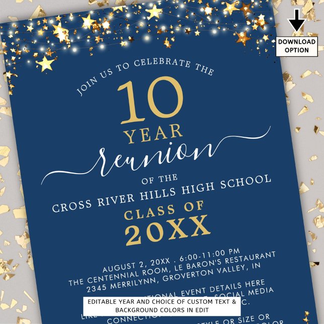 Invitación Clase Reunión Azul Oro Estrellas Luces de Año (Subido por el creador)
