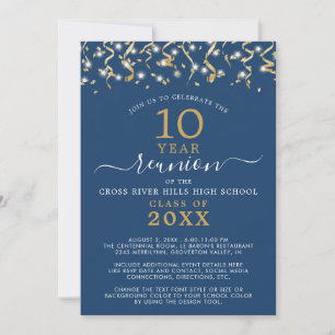 Invitación Clase Reunion Blue Gold Confetti Streamers