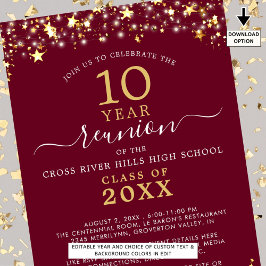 Invitación Clase Reunión Borgoña Oro Estrellas Luces de Año