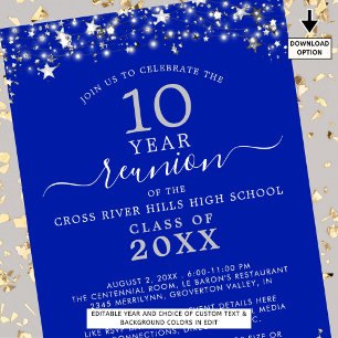 Invitación Clase Reunión Estrellas reales de plata azul de cu