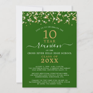 Invitación Clase Reunión Green Gold Confetti Streamers