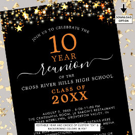 Invitación Clase Reunión Naranja Negro Estrellas luces de cua