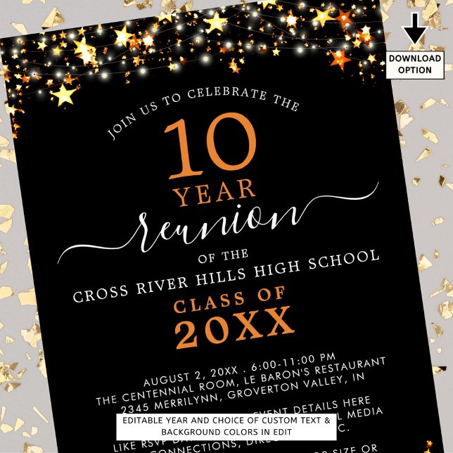 Invitación Clase Reunión Naranja Negro Estrellas luces de cua (Subido por el creador)